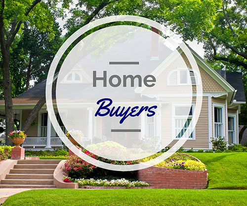 Pretty house with steps leading up to the front porch and the words Home Buyers over top