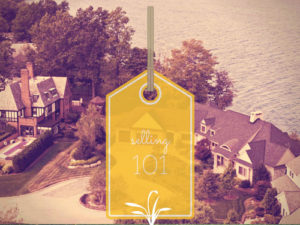 Cul-de-sac of 3 homes on a lake with a yellow tag with the word Selling 101